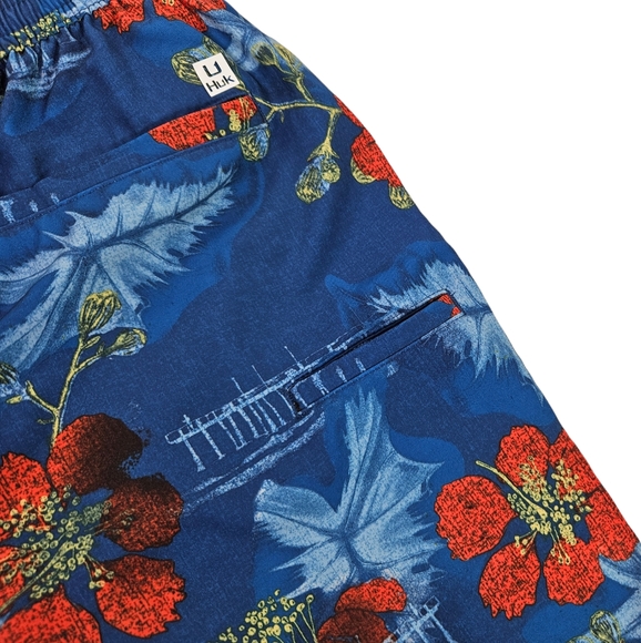 Huk Floral Tropical Hawaiian Swim Trunks Mesh Lined Blue Men's Size Large EUC - Picture 9 of 13